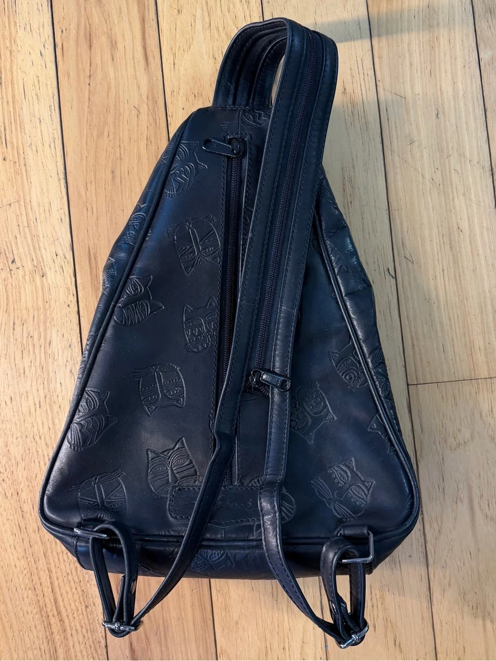 Laurel Burch Black Genuine Leather Embossed Cat Face Sling Bag Backpack